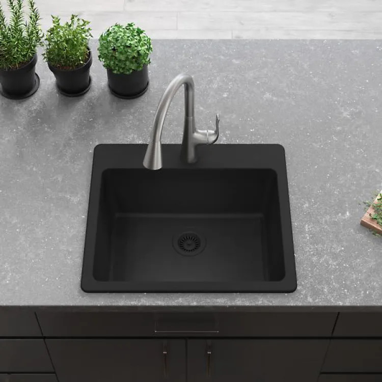 Elkay Quartz Classic 25" x 22" x 9-1/2" Single Bowl Drop-in Kitchen Sink with Rear Center Drain, Matte Black - ELG2522MB0