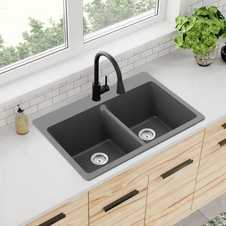 Elkay Quartz Classic 33" x 22" Equal Double Bowl Drop-In Kitchen Sink with Rear Center Drain, Graphite - ELG3322GT0