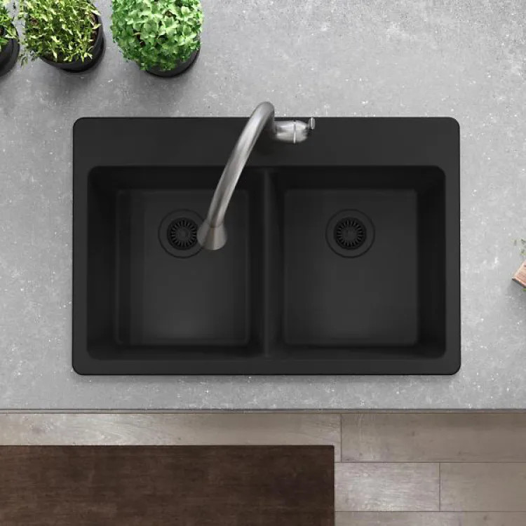 Elkay Quartz Classic 33" x 22" Equal Double Bowl Drop-In Kitchen Sink with Rear Center Drain, Matte Black - ELG3322MB0