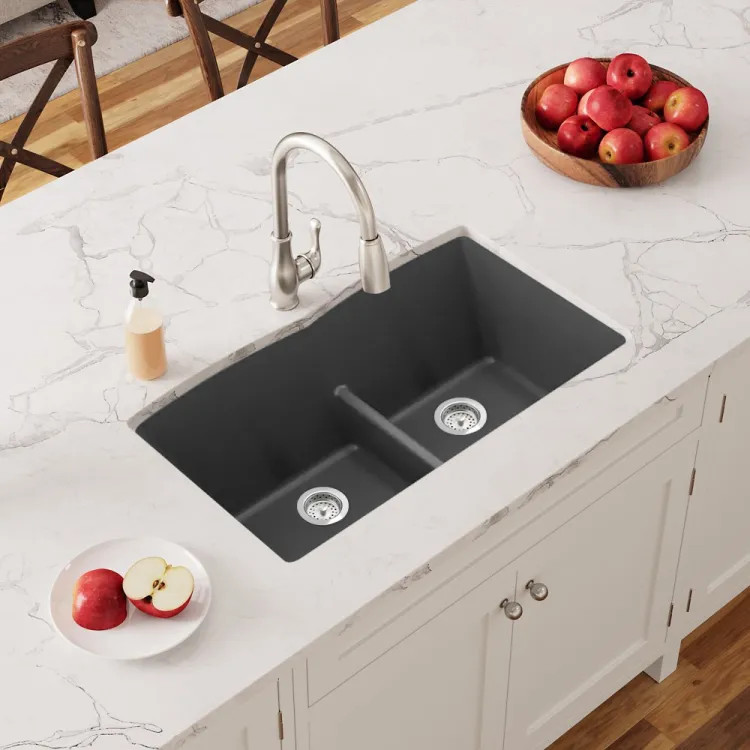 Elkay Quartz Classic 33" x 19" x 10" Equal Double Bowl Undermount Sink with Aqua Divide, Rear Center Drain, Graphite - ELGDULB3322GT0