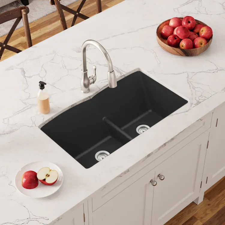 Elkay Quartz Classic 33" x 19" x 10" Undermount Equal Double Bowl Sink with Aqua Divide, Rear Center Drain, Matte Black - ELGDULB3322MB0
