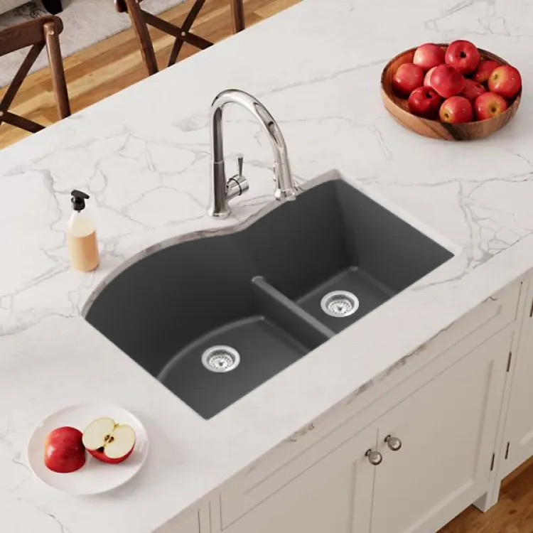 Elkay Quartz Classic 33" x 22" x10" Undermount Double Bowl Sink with Aqua Divide, Rear Center Drain, Graphite - ELGHU3322RGT0