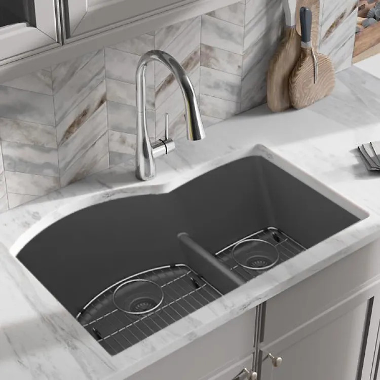Elkay Quartz Classic Graphite 33in x 22in x10in Undermount with Rear Center Drain, Double Bowl Aqua Divide Sink with Bottom Grids, Drains, and Cleaning Kit - ELGHU3322RGT0C