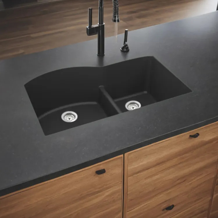 Elkay Quartz Classic Matte Black 33in x 22in x10in Undermount with Rear Center Drain, Double Bowl Sink with Aqua Divide - ELGHU3322RMB0
