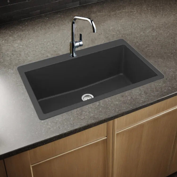 Elkay Quartz Classic Matte Black 33in x 20-7/8in x 9-7/16in Drop-in with Rear Center Drain, Single Bowl Sink - ELGR13322MB0