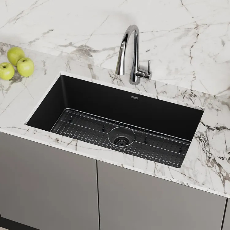 Elkay Quartz Classic Black 30in x 19in x 10in Undermount with Rear Center Drain, Undermount Sink with Bottom Grids, Drains, and Cleaning Kit - ELGRU13022BK0C