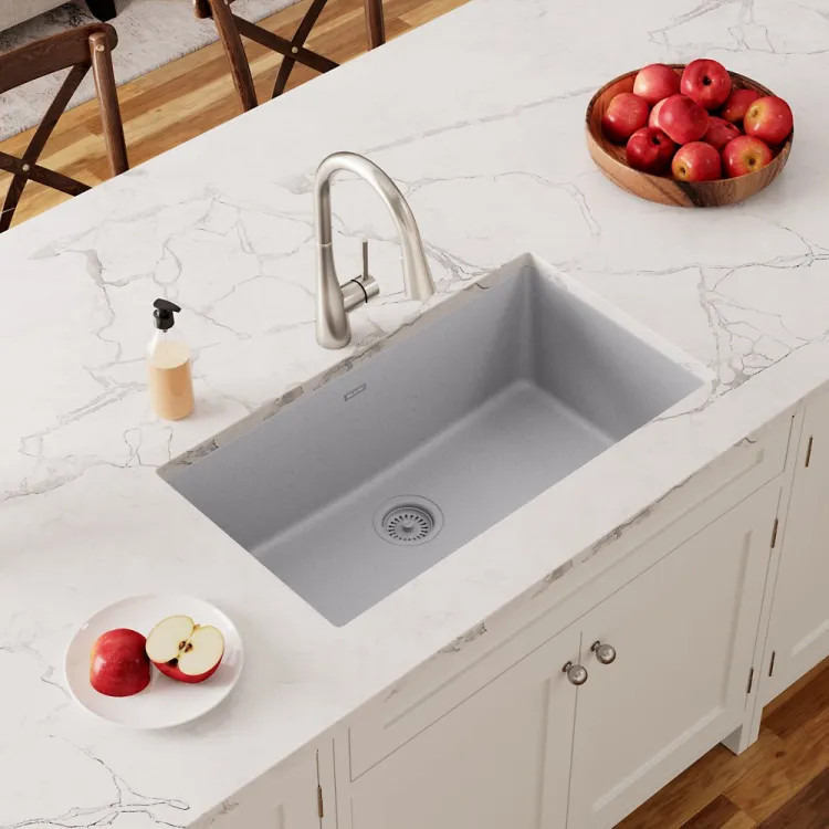 Elkay Quartz Classic Greystone 30in x 19in x 10in Undermount with Rear Center Drain, Undermount Sink with Bottom Grids, Drains, and Cleaning Kit - ELGRU13022GS0C