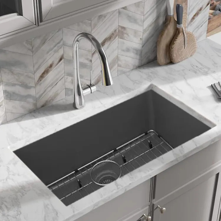 Elkay Quartz Classic Graphite 30in x 19in x 10in Undermount with Rear Center Drain, Undermount Sink with Bottom Grids, Drains, and Cleaning Kit - ELGRU13022GT0C