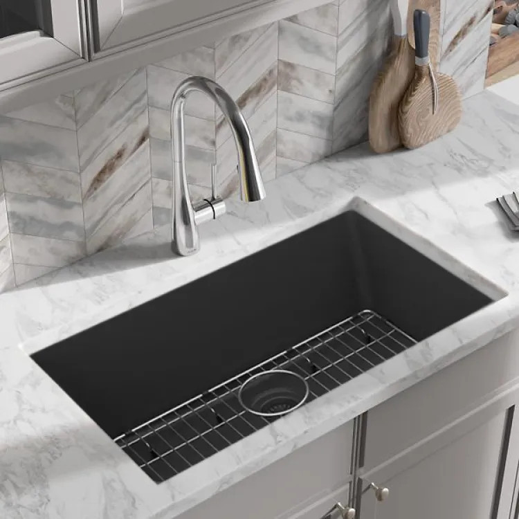 Elkay Quartz Classic Matte Black 30in x 19in x 10in Undermount with Rear Center Drain, Undermount Sink with Bottom Grids, Drains, and Cleaning Kit - ELGRU13022MB0C
