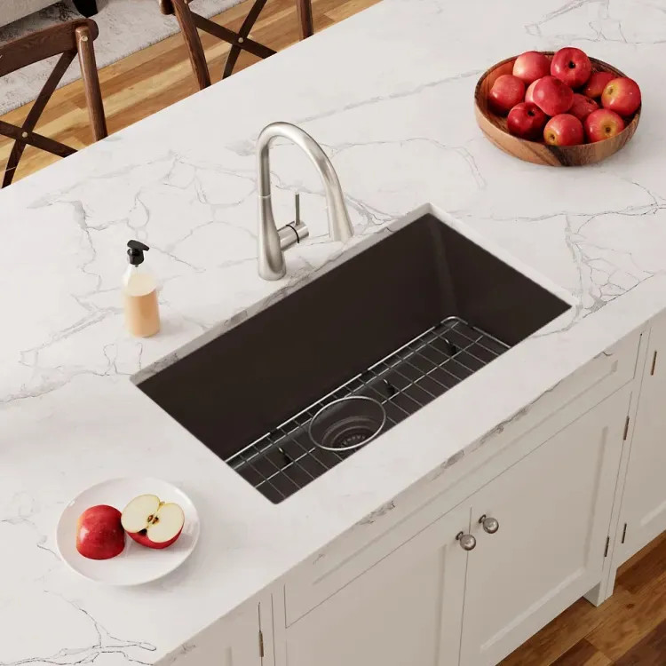 Elkay Quartz Classic Mocha 30in x 19in x 10in Undermount with Rear Center Drain, Undermount Sink with Bottom Grids, Drains, and Cleaning Kit - ELGRU13022MC0C