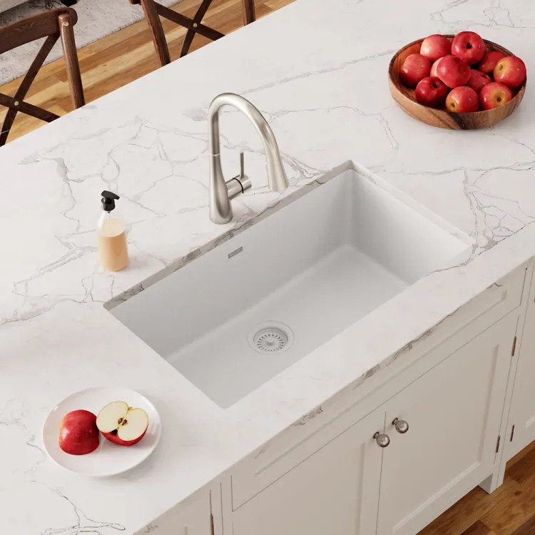 Elkay Quartz Classic White 30in x 19in x 10in Undermount with Rear Center Drain, Undermount Sink - ELGRU13022WH0
