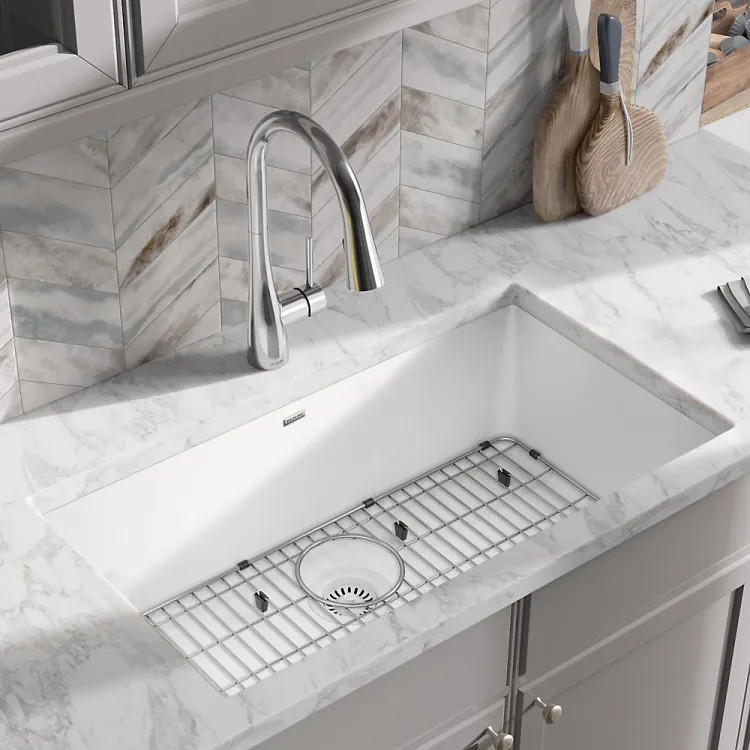 Elkay Quartz Classic White 30in x 19in x 10in Undermount with Rear Center Drain, Undermount Sink with Bottom Grids, Drains, and Cleaning Kit - ELGRU13022WH0C