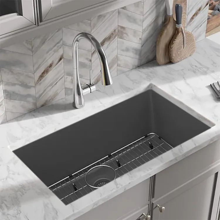 Elkay Quartz Classic Graphite 33in x 19in Undermount Single Bowl Kitchen Sink Kit with Rear Center Drain, Bottom Grid, Strainer, and Cleaning Kit - ELGRU13322GT0C