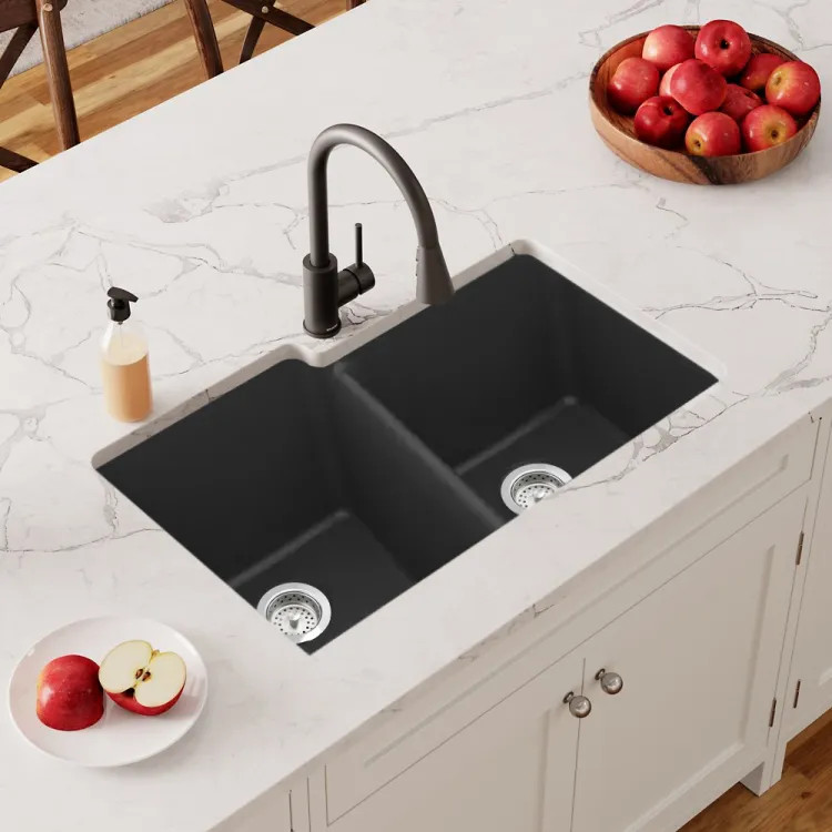 Elkay Quartz Classic Matte Black 33in x 21in Undermount Double Bowl Kitchen Sink with Rear Center Drain - ELGU250RMB0