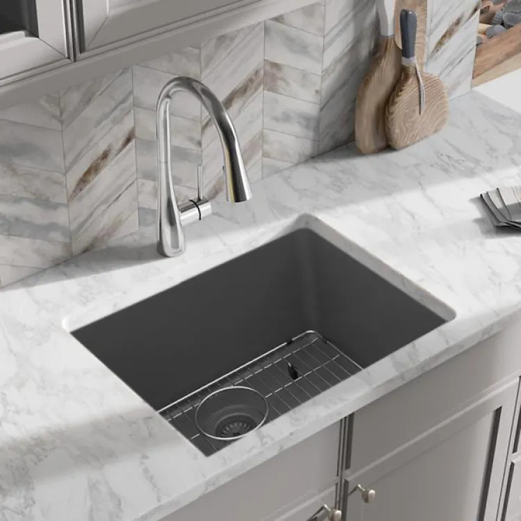 Elkay Quartz Classic Graphite 25in x 18in Undermount Single Bowl Kitchen Sink Kit with Rear Center Drain, Bottom Grid, Strainer, and Cleaning Kit - ELGU2522GT0C