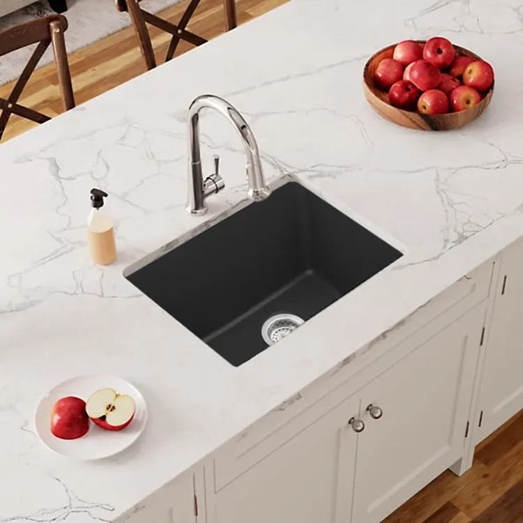 Elkay Quartz Classic Matte Black 25in x 18in Undermount Single Bowl Kitchen Sink with Rear Center Drain - ELGU2522MB0