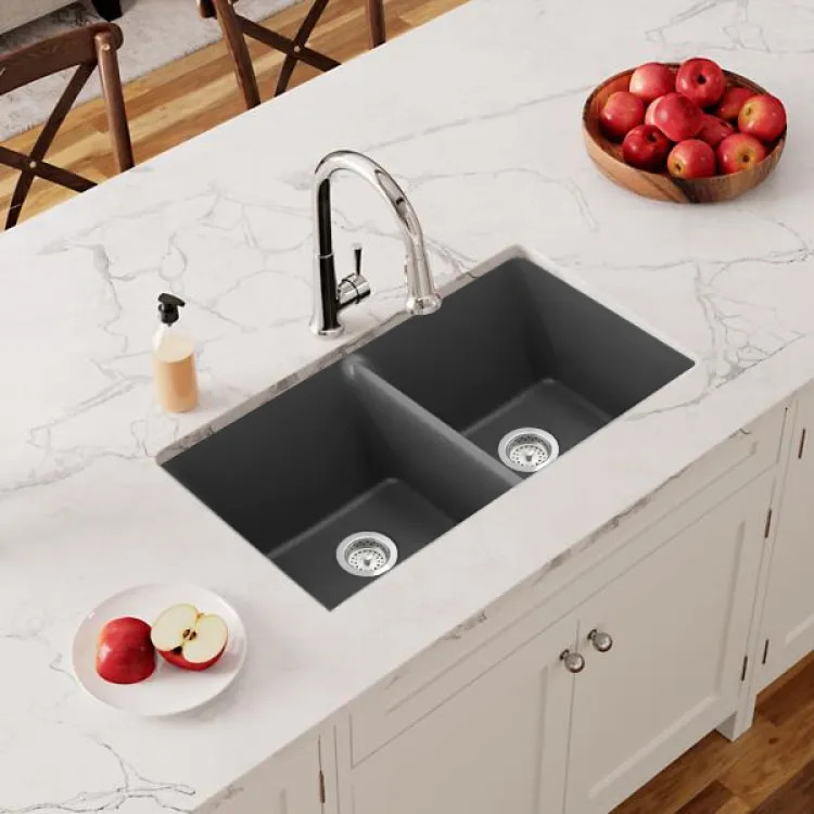Elkay Quartz Classic Graphite 33in Length x 18-1/2in Width Equal Double Bowl Undermount Sink - ELGU3322GT0 