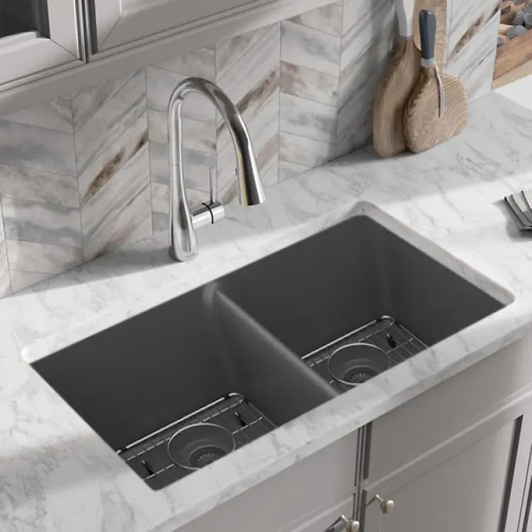 Elkay Quartz Classic Graphite Equal Double-Bowl Undermount Sink Kit, 33" x 18-1/2" x 9-1/2" - ELGU3322GT0C