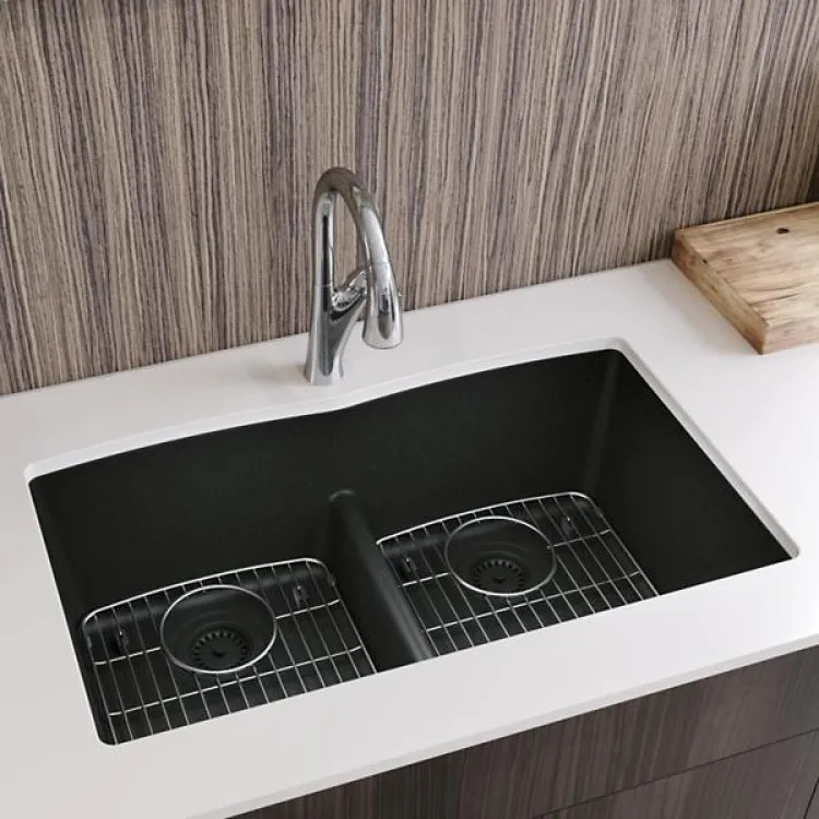 Elkay Quartz Classic Matte Black Equal Double-Bowl Undermount Sink Kit, 33" x 18-1/2" x 9-1/2" - ELGU3322MB0C