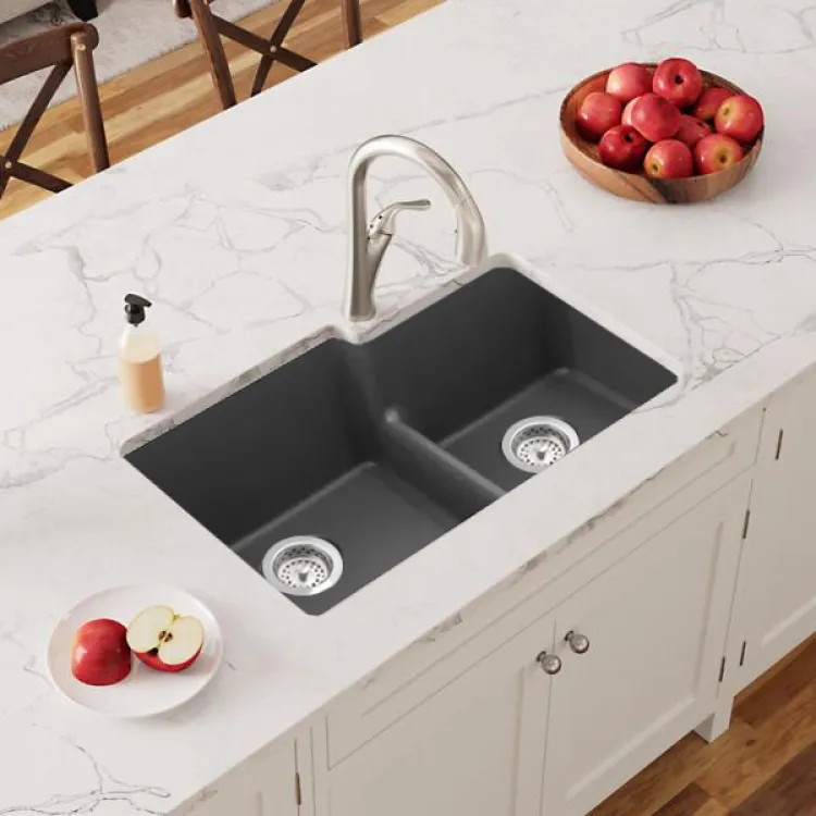 Elkay Quartz Classic Graphite Offset 60/40 Double Bowl Undermount Kitchen Sink with Aqua Divide, 33" x 20-1/2" x  9-1/2" - ELGULBO3322GT0