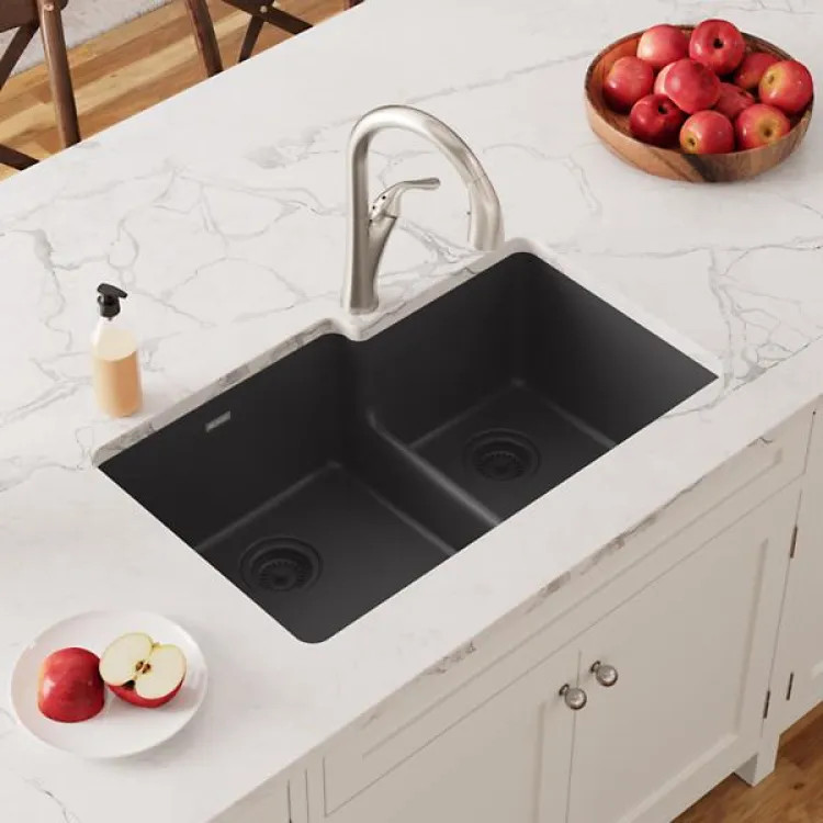 Elkay Quartz Classic Matte Black Offset 60/40 Double Bowl Undermount Kitchen Sink with Aqua Divide, 33" x 20-1/2" x  9-1/2" - ELGULBO3322MB0