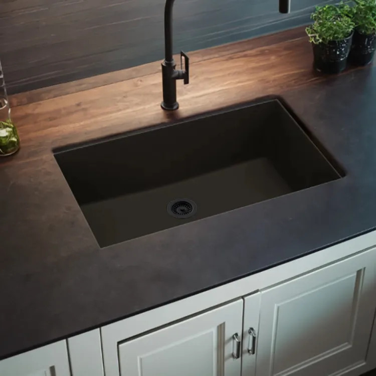  Elkay Quartz Luxe Obsidian 33in x 18-7/16in x 9-7/16in Single Bowl Undermount Sink with Rear Center Drain - ELXRU13322DN0