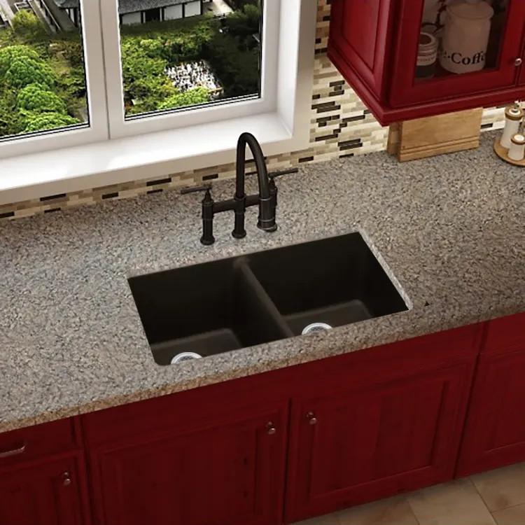 Elkay Quartz Luxe Obsidian 33in x 19in x 10in Double Bowl Undermount Kitchen Sink, Rear Center Drain - ELXU3322DN0