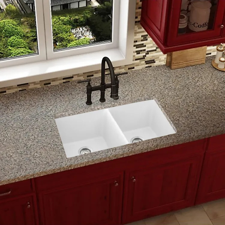 Elkay Quartz Luxe Arctic Fox 33in x 19in x 10in Double Bowl Undermount Kitchen Sink, Rear Center Drain - ELXU3322FX0