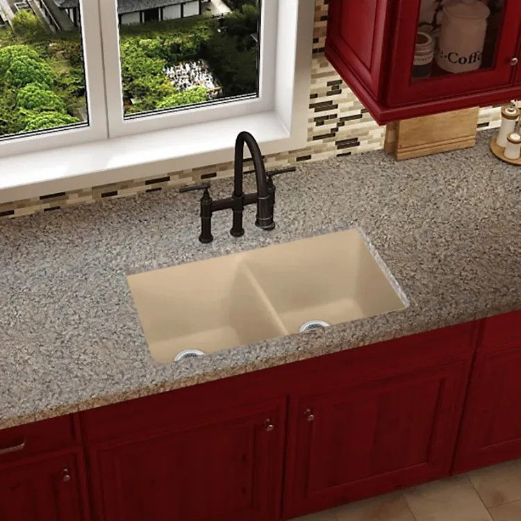 Elkay Quartz Luxe Undermount Kitchen Sink, Double Bowl, 33" x 19" x 10", Center Back Drain Location, Sandstone  - ELXU3322SN0