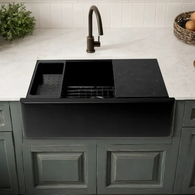 ALFI Black Granite Composite Workstation, 33in x 20-1/2in Drop-In with Center Drain Single Bowl Sink With Cutting Board, Colander, and Sink Grid - AB33FARM-BLA