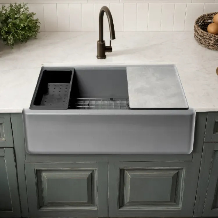 ALFI Titanium Granite Composite Workstation, 33in x 20-1/2in Drop-In with Center Drain Single Bowl Sink With Cutting Board, Colander, and Sink Grid - AB33FARM-T 