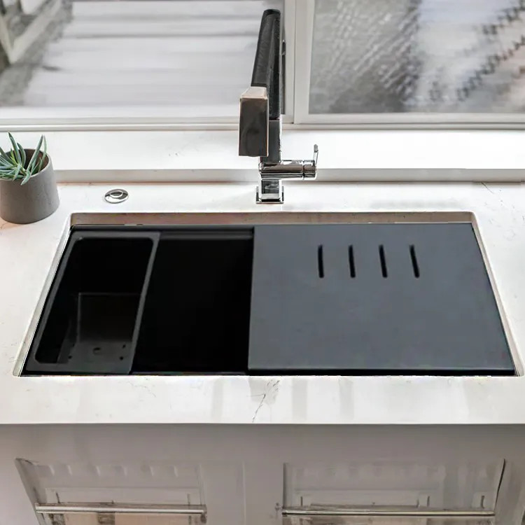ALFI Black Granite Composite Workstation, 33" Drop-In with Off-Center Drain, Step Rim Double Bowl Sink With Cutting Board, Colander, and Sink Grid - AB3418DBDI-BLA