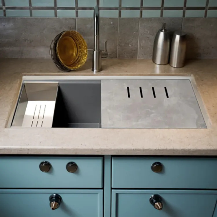 ALFI Titanium Granite Composite Workstation, 33" Drop-In with Off-Center Drain, Step Rim Double Bowl Sink With Cutting Board, Colander, and Sink Grid - AB3418DBDI-T