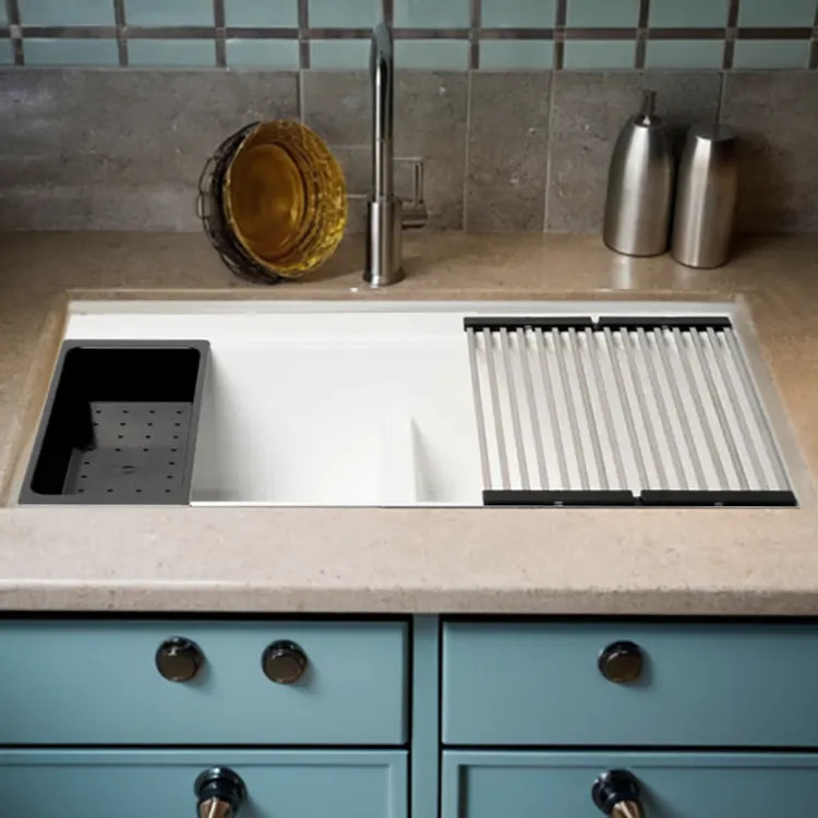ALFI White Granite Composite Workstation, 33" Drop-In with Off-Center Drain, Step Rim Double Bowl Sink With Cutting Board, Colander, and Sink Grid - AB3418DBDI-W