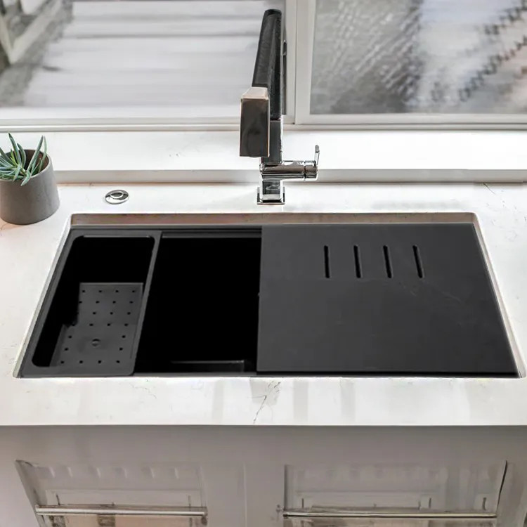 ALFI Black Granite Composite Workstation, 33in Undermount With Step Offset Drain, Rim Double Bowl Sink With Cutting Board, Colander, and Sink Grid - AB3418DBUM-BLA