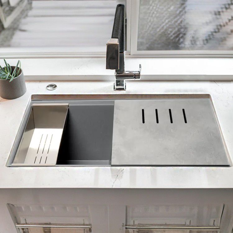 ALFI Titanium Granite Composite Workstation, 33in Undermount With Step Offset Drain, Rim Double Bowl Sink With Cutting Board, Colander, and Sink Grid - AB3418DBUM-T