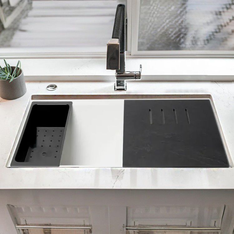 ALFI White Granite Composite Workstation, 33in Undermount With Step Offset Drain, Rim Double Bowl Sink With Cutting Board, Colander, and Sink Grid - AB3418DBUM-W