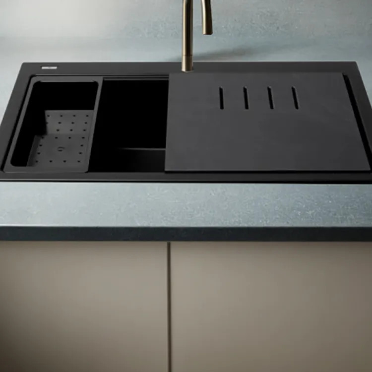 ALFI Black Granite Composite Workstation, 33in Drop In With Center Drain, Step Rim Single Bowl Drop In Sink With Cutting Board, Colander, and Roll Mat - AB3418SBDI-BLA