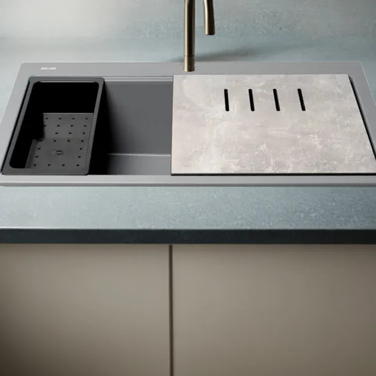 ALFI Titanium Granite Composite Workstation, 33in Drop In With Center Drain, Step Rim Single Bowl Drop In Sink With Cutting Board, Colander, and Roll Mat - AB3418SBDI-T