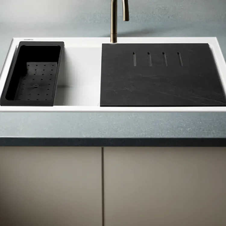 ALFI White Granite Composite Workstation, 33in Drop In With Center Drain, Step Rim Single Bowl Drop In Sink With Cutting Board, Colander, and Roll Mat - AB3418SBDI-W
