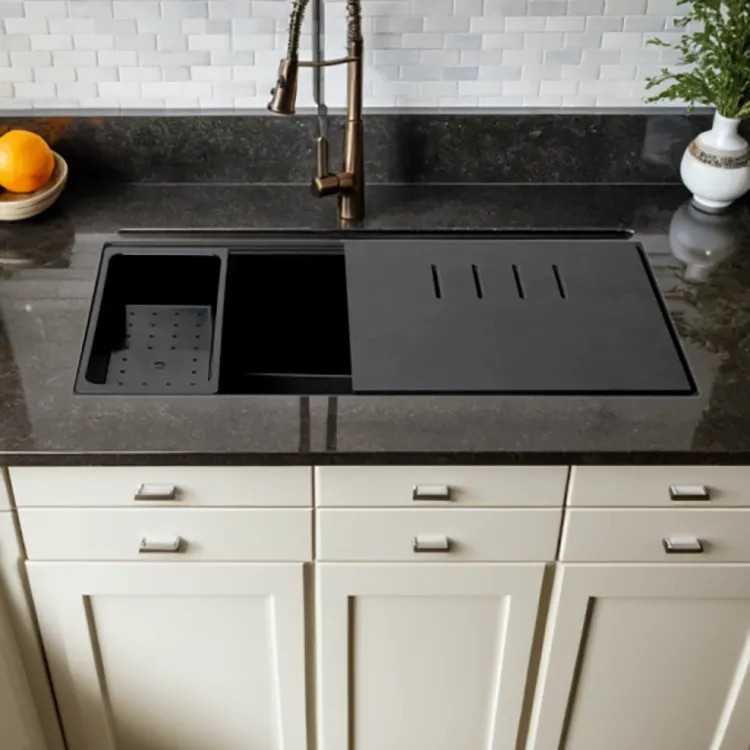 ALFI Black Granite Composite Workstation, 33in Undermount With Rear Center Drain, Step Rim Single Bowl Sink With Cutting Board, Colander, and Roll Mat - AB3418SBUM-BLA
