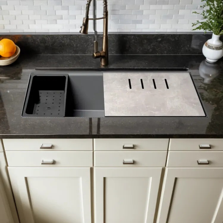ALFI Titanium Granite Composite Workstation, 33in Undermount With Rear Center Drain, Step Rim Single Bowl Sink With Cutting Board, Colander, and Roll Mat - AB3418SBUM-T
