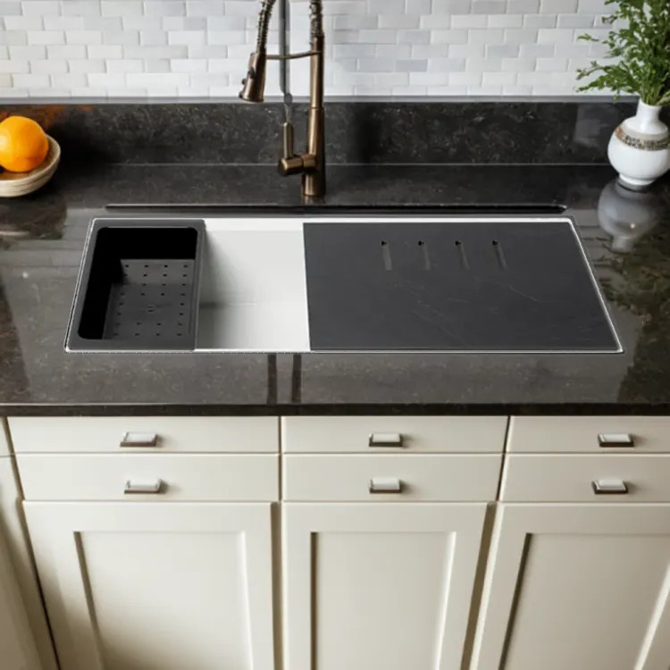 ALFI White Granite Composite Workstation, 33in Undermount With Rear Center Drain, Step Rim Single Bowl Sink With Cutting Board, Colander, and Roll Mat - AB3418SBUM-W