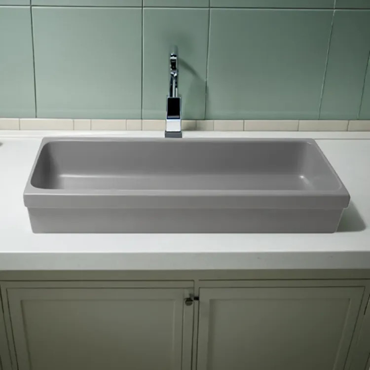 ALFI Grey Matte Fireclay Above-Mount or Semi-Recessed 48in Single-Bowl Bathroom Sink With Trough Design - AB48TRGM