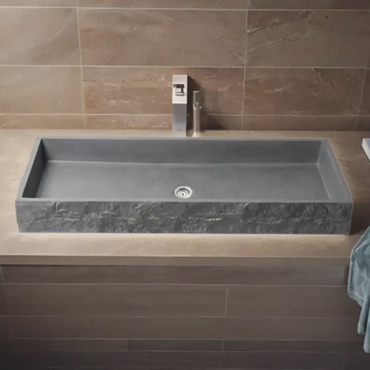 ALFI Grey Matte Solid Concrete 39in Chiseled Style, Rectangular, Above Mount Bathroom Trough Sink With Center Drain  - ABCO39TR