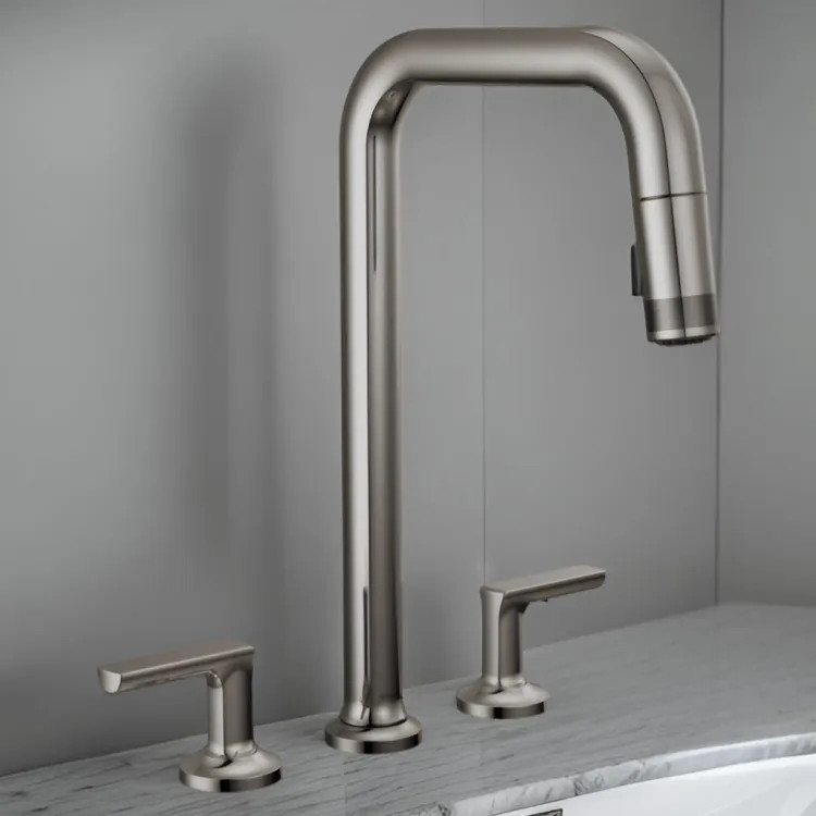 Brizo Kintsu Two-Handle Widespread Pull-Down Kitchen Faucet w/ Square Spout, MagneDock, Less Handles, 1.8 GPM, Lumicoat Black Onyx - 62507LF-BNXLHP-L