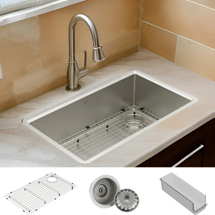 Moen Luxe Chef 33" Single Bowl Undermount Workstation Kitchen Sink Kit w/ Sink Grid, Basket Strainer/Drain Assembly, Storage Bin, Stainless Steel - GS161400R