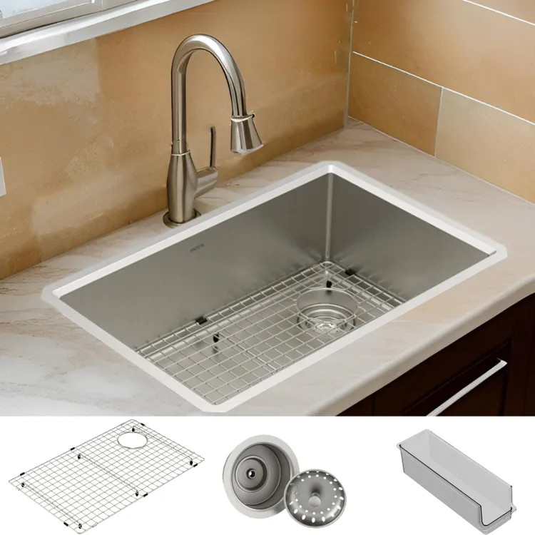 Moen Luxe Chef 30" Single Bowl Undermount Workstation Kitchen Sink Kit w/ Sink Grid, Basket Strainer/Drain Assembly, Storage Bin, Stainless Steel - GS161500R