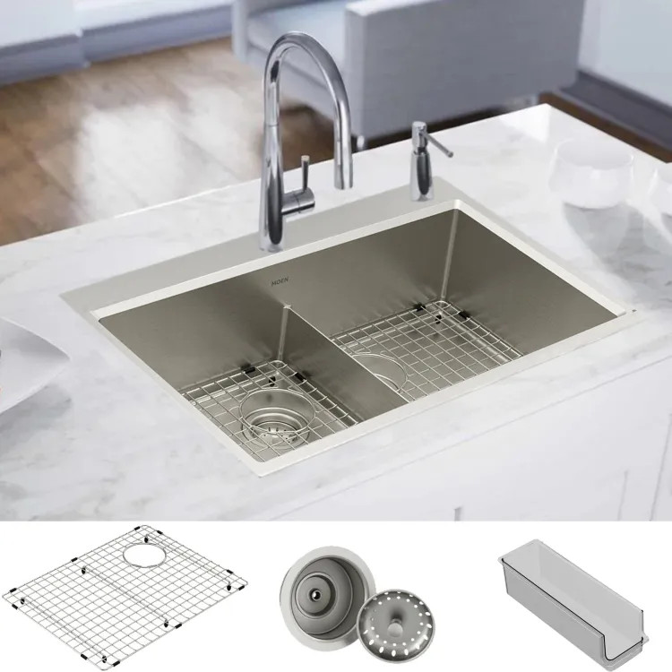 Moen Luxe Chef 33" Double Bowl Dual-Mount Workstation 2-Hole Kitchen Sink Kit w/ Sink Grid, Basket Strainer/Drain Assembly, Storage Bin, Stainless Steel - GS161302B