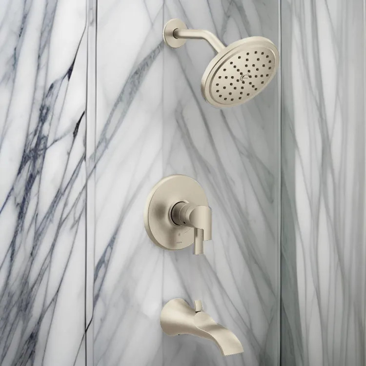 Moen Doux Tub/Shower Faucet with Two-Handle Flow Control and Temperature Adjust Valve Trim, Lever Handles, M-Core 4, Thermostatic Cartridge, Brushed Nickel - UTS4203EPBN